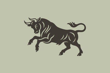 Jumping bull attack pose engraving style vector illustration, logo, icon

