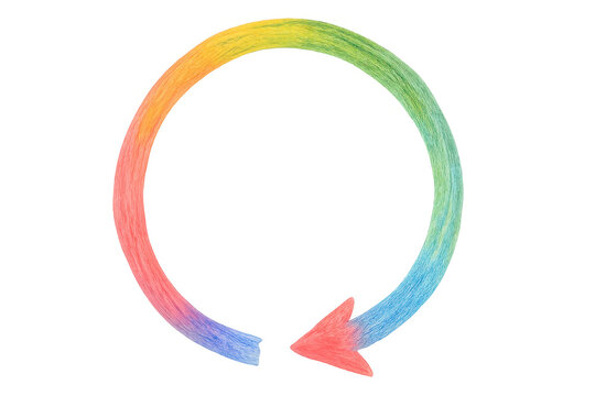 Transparent rainbow circle arrow symbolizing continuous flow, iteration, cyclic process, renewal, and dynamic repetition