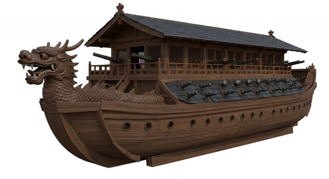 Intricate 3D Render of a Traditional Korean Dragon Head Turtle Ship with Wooden Hull and Cannon Ports Isolated on White Background