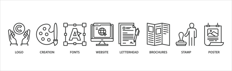 Corporate design banner web icon vector illustration concept with icon of logo, creation, fonts, website, letterhead, brochures, stamp and poster.