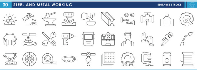 A set of line icons related to Steel and Metal working. Steel, metal, craft, welding, repair, tools, and so on. Vector editable stroke.