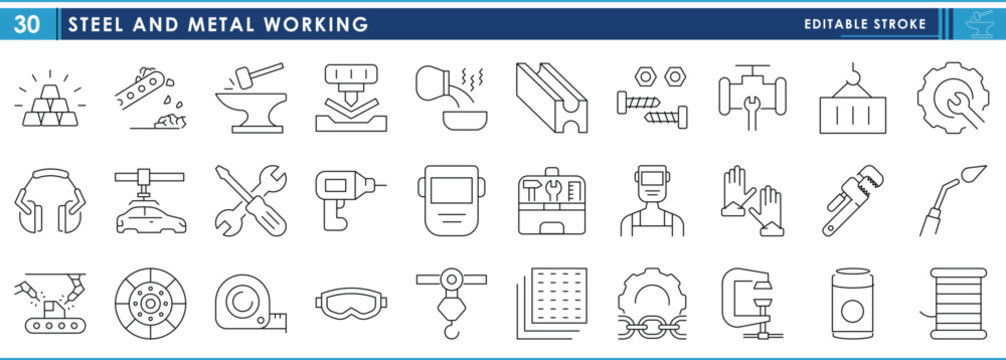 A set of line icons related to Steel and Metal working. Steel, metal, craft, welding, repair, tools, and so on. Vector editable stroke.