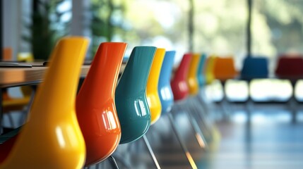 Modern conference room with vibrant colorful chairs and blurred office background, ideal setting for business meetings, corporate discussions, teamwork, and professional collaboration




