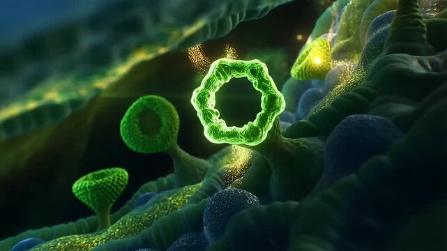 molecular view inside a chloroplast. A single glowing photon from the sun travels through space and strikes a green chlorophyll molecule, triggering a burst of golden light. The chlorophyll vibrates.