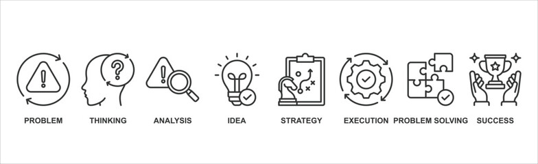 Solution banner web icon vector illustration concept with icons of problem, thinking, analysis, idea, strategy, execution, problem-solving, success.