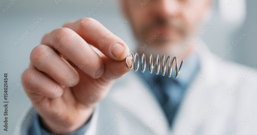 Poster a researcher in a white coat holds a shape memory alloy spring between his fingers, highlighting its