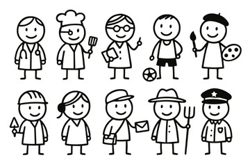 Figuras de palito de diferentes profissões em estilo infantil ingênuo, ilustração vetorial com fundo transparente

