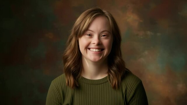Portrait of a happy smiling woman with downsyndrom on a brown background