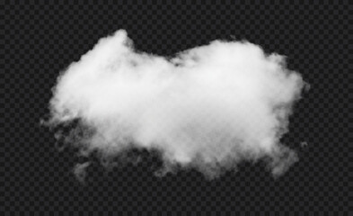 Realistic white vector cloud isolated on black transparent sky background. Soft, fluffy cloud texture with natural appearance, fog wave cloudy perfect for weather element, mockup or foggy background.