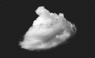 Realistic white vector cloud isolated on black transparent sky background. Soft, fluffy cloud texture with natural appearance, fog wave cloudy perfect for weather element, mockup or foggy background.