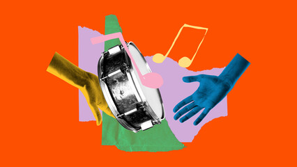 Graphic collage of snare drum and two hands, surrounded by oversized notes and layered paper textures. Concept of rhythm education, children's performance visuals, instrument promotion