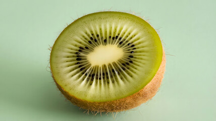 A photo of a single round slice of kiwi with bright green flesh, tiny black seeds forming a radial p