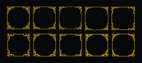 Naklejka premium Ten set ornate gold square frames or border on a black background, suitable for luxury design projects, invitations, or elegant themed creative layouts.