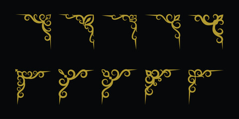 Ten set ornate gold corner designs perfect for elegant invitations, certificates, or luxurious branding projects adding a touch of opulence.