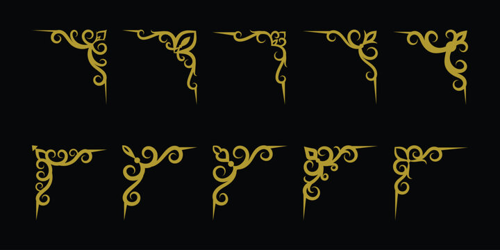 Ten set ornate gold corner designs perfect for elegant invitations, certificates, or luxurious branding projects adding a touch of opulence.