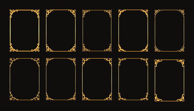Ten set ornate gold rectangular frames on a black background size A4. Perfect for luxury invitations, event posters, page bordes, or elegant branding materials.
