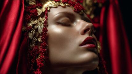 Fototapeta premium A close-up portrait of a woman with elegant golden and scarlet fabrics highlighting her features