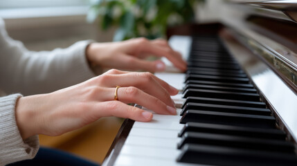 Obraz premium Close-up of hands playing piano keys at home, soft natural light, concept of musical talent and personal expression 
