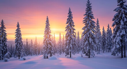 Magical Snow Covered Pine Forest at Sunrise, Winter Wonderland Landscape with Sunrise Glow, Tranquil Scenery, Peaceful Wilderness, Pristine Snow Outdoors, Majestic Nature Background