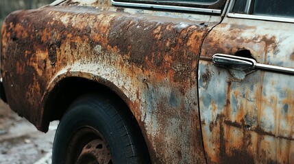 Old damaged car surface with visible rust, corrosion and peeling paint on metal body panels, close-up of vehicle decay representing aging, neglect, and automotive deterioration in urban environment
