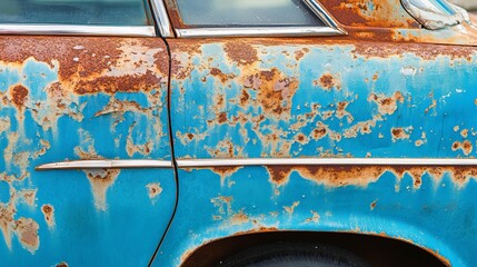 Old damaged car surface with visible rust, corrosion and peeling paint on metal body panels, close-up of vehicle decay representing aging, neglect, and automotive deterioration in urban environment