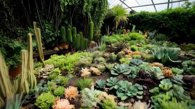 Lush succulent garden featuring diverse cacti, spiky aloe plants and rosette shaped echeveria in an indoor glasshouse environment