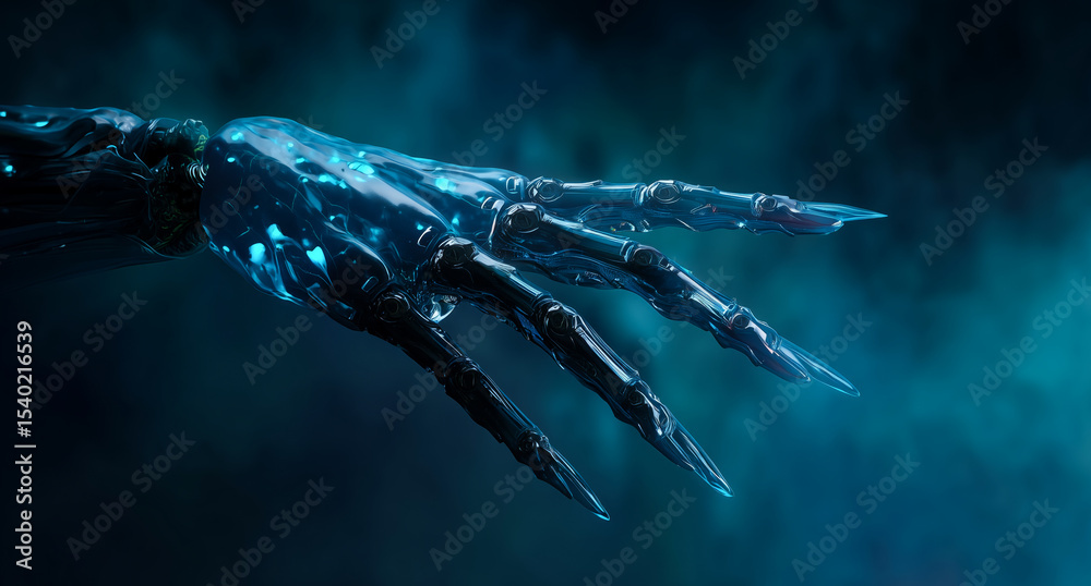 Poster A sophisticated hand model made of liquid metal shows remarkable adaptive features. The design highlights the smart materials that enable transformation and shape memory for advanced applications.