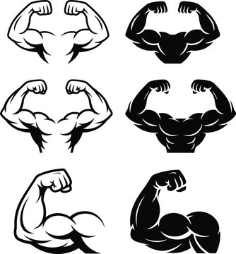 Two muscular arms flexing side by side one in black outline and one solid black on a white background