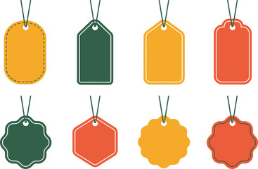 A collection of eight colorful price tags with different shapes hanging on black strings on white background