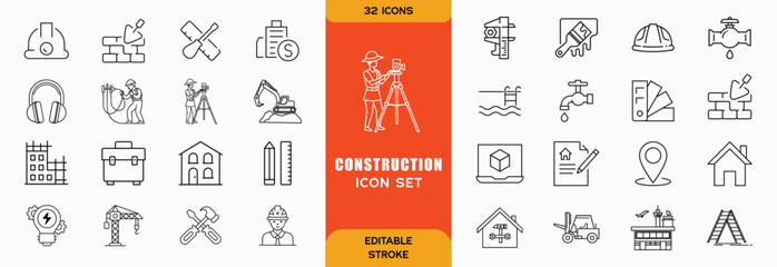 Construction line icons set. Home repair tools outline icons collection. Construction tools, builders and equipment symbols. Builder, crane, engineering, equipment, helmet, tool, house - stock vector
