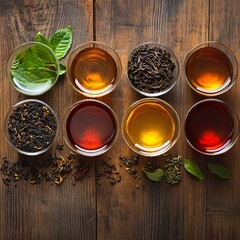 various types of tea on a wooden background