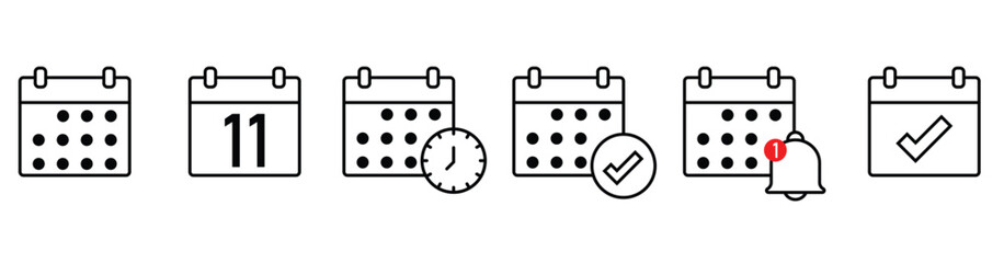 Callendar icon. Calendar planner icon collection. Reminder organizer event signs. Calendar notification icon. Business plan schedule. Stock vector