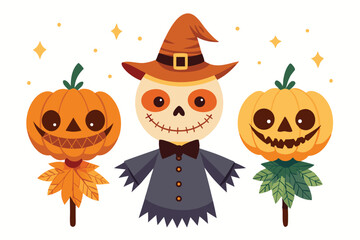 
Cartoon Halloween Scarecrow and Jack-o'-Lantern Pumpkins: Festive Fall Characters