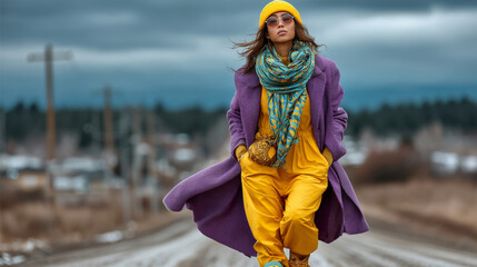 A model walks confidently in a long coat on a snowy street wearing vibrant colors