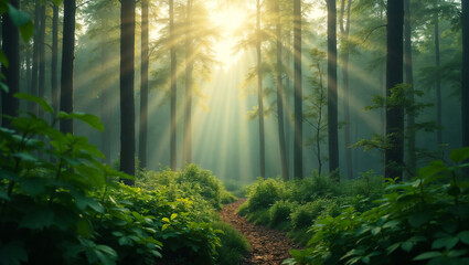 Sunlight filtering through trees with peaceful mood in lush forest path