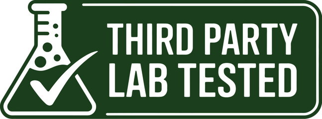 A green sign stating third party lab tested with a flask and checkmark on a light gray background