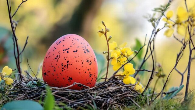 A single red egg sits atop a natural or artificial nest, ready for incubation.