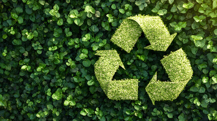 Recycle symbol made of green plants on a leafy background. Image for environmental conservation, sustainability, eco-friendliness, and waste reduction