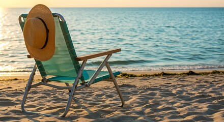 Empty Beach Chair with Straw Hat at Sunrise