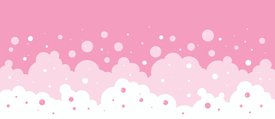 Pink bubble soap, bath foam background, strawberry gum pattern. White carbonated frame. Bubblegum pink bg. Cartoon shampoo texture, color mousse border, bathroom suds. Abstract vector illustration