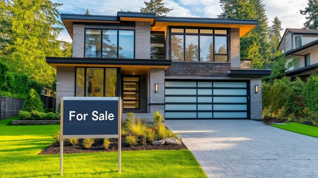 Modern estate for sale featuring elegant design and lush landscaping in a desirable neighborhood
