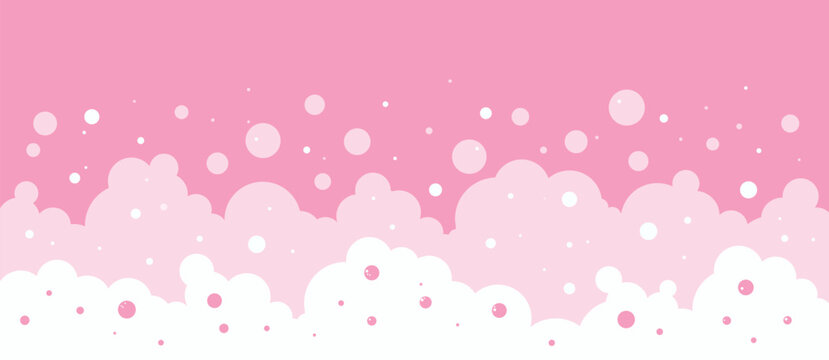 Pink bubble soap, bath foam background, strawberry gum pattern. White carbonated frame. Bubblegum pink bg. Cartoon shampoo texture, color mousse border, bathroom suds. Abstract vector illustration