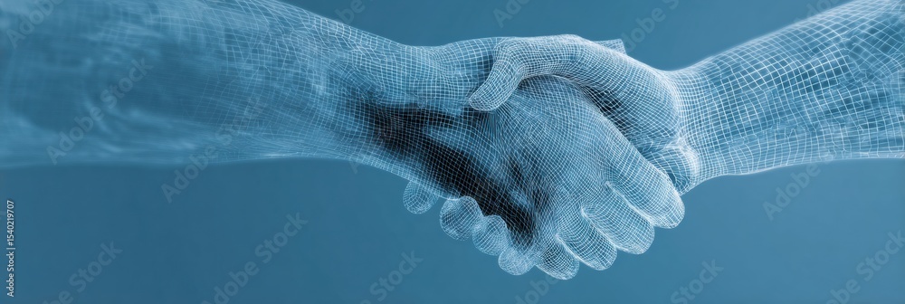 Poster handshake symbolizes agreement and cooperation against a blue background with a digital grid pattern