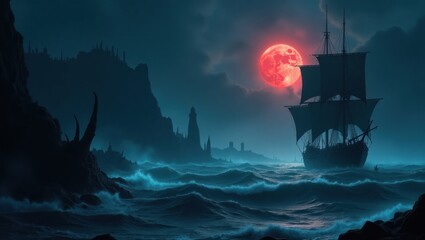 Obraz premium A sailing vessel on a stormy night under a blood moon.