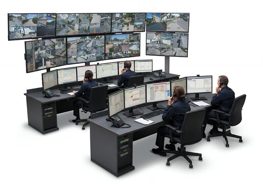High Angle Shot of Security Command Center with Surveillance Screens and Operators on White Background