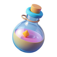 Glass potion bottle with cork and yellow cube isolated on transparent background