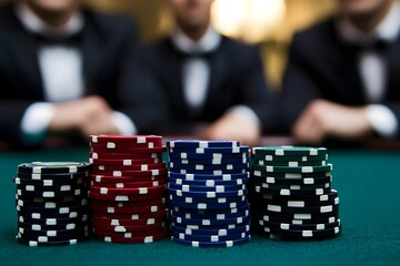 Naklejka premium Close-up of poker chips with three men watching at a casino table