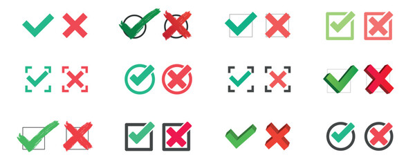 Green tick and red cross checkmarks. Right or wrong icons.