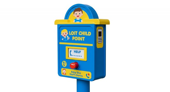 Isolated Blue and Yellow Lost Child Station with Cartoon Graphics on White Background