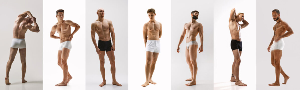 Full-body portraits of shirtless male models in white and black underwear standing in light studio with varied poses and body types. Sports underwear models